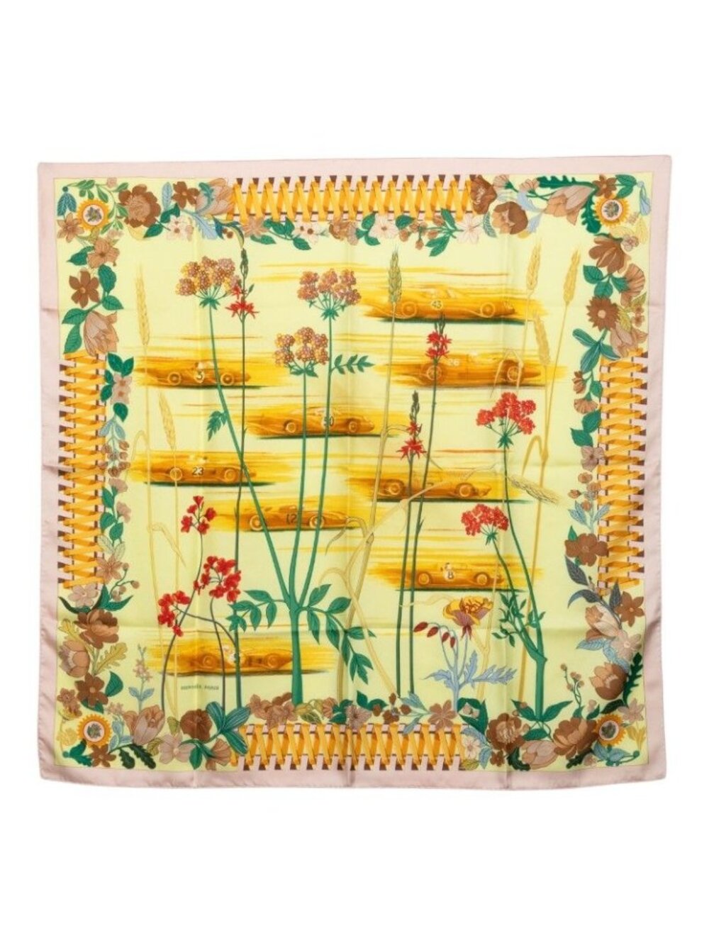 Hermes Carre 90 les Bolides Racing Car Scarf Light Pink Yellow Multicolor Silk